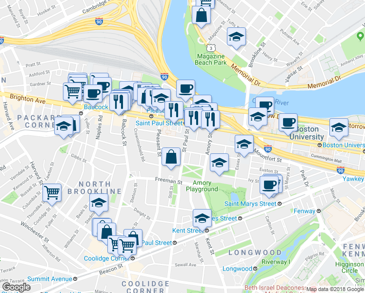 map of restaurants, bars, coffee shops, grocery stores, and more near 49 Egmont Street in Brookline