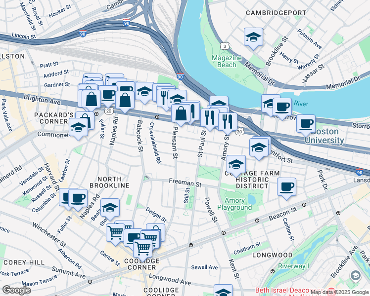 map of restaurants, bars, coffee shops, grocery stores, and more near 76 Egmont Street in Brookline