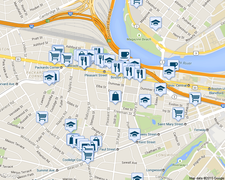 map of restaurants, bars, coffee shops, grocery stores, and more near 76 Egmont Street in Brookline