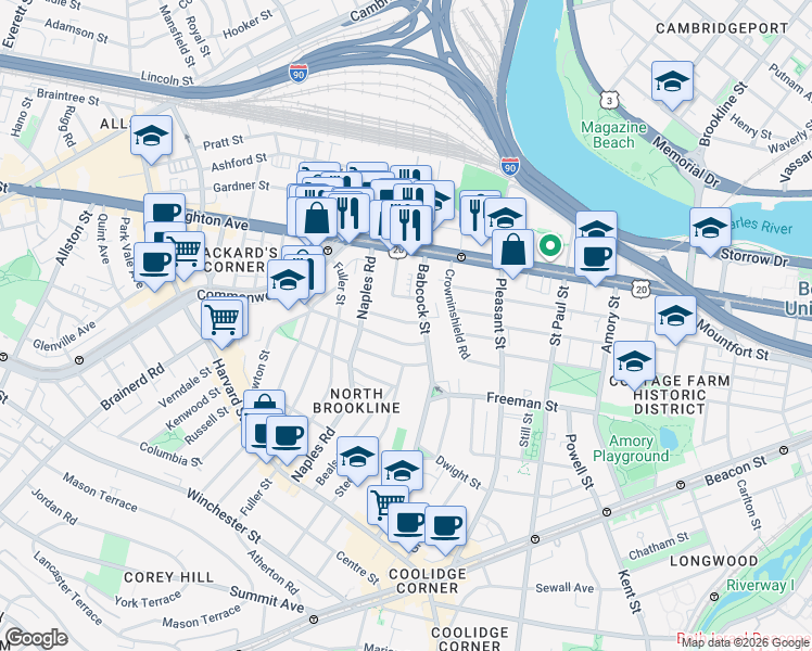 map of restaurants, bars, coffee shops, grocery stores, and more near 27 Osborne Road in Brookline