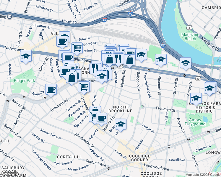map of restaurants, bars, coffee shops, grocery stores, and more near 168 Coolidge Street in Brookline