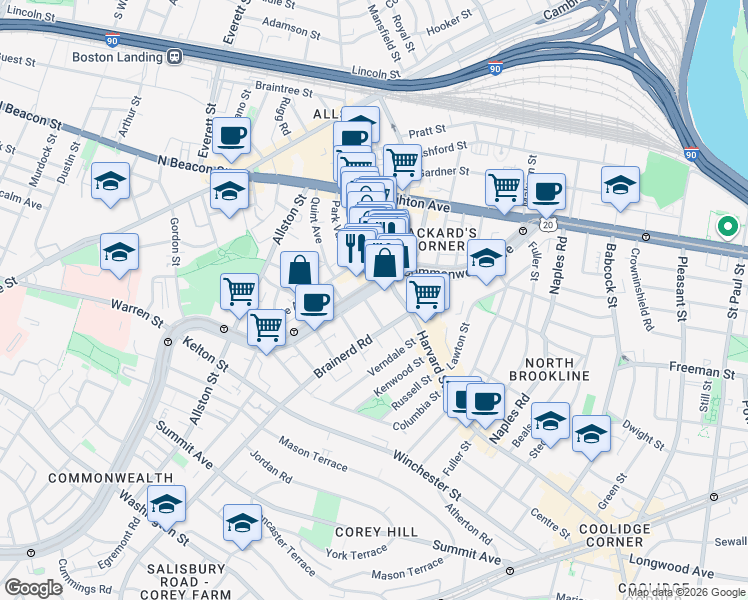 map of restaurants, bars, coffee shops, grocery stores, and more near 1254 Commonwealth Avenue in Boston