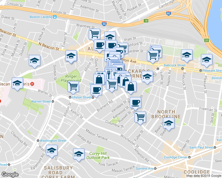 map of restaurants, bars, coffee shops, grocery stores, and more near 1254 Commonwealth Avenue in Boston