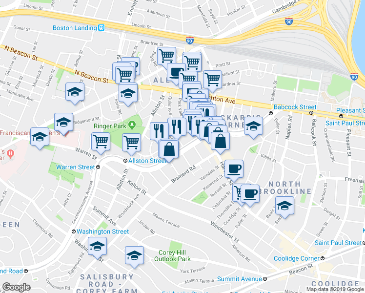 map of restaurants, bars, coffee shops, grocery stores, and more near 1277 Commonwealth Avenue in Boston