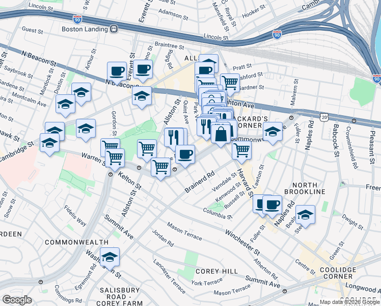 map of restaurants, bars, coffee shops, grocery stores, and more near 1285 Commonwealth Avenue in Boston
