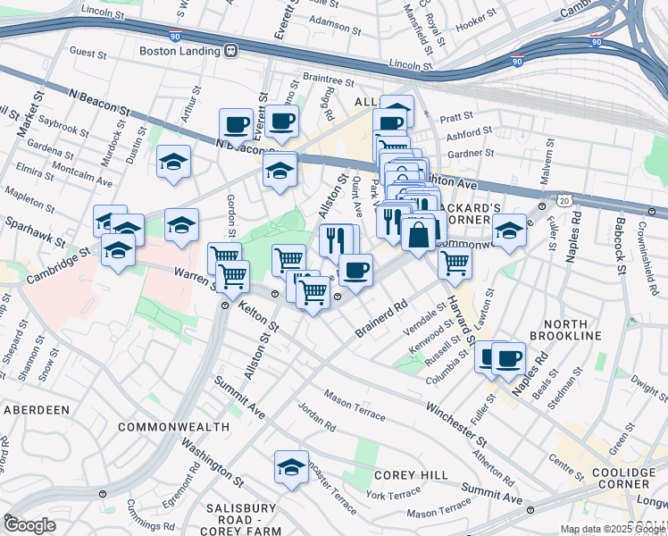 map of restaurants, bars, coffee shops, grocery stores, and more near 66 Glenville Avenue in Boston