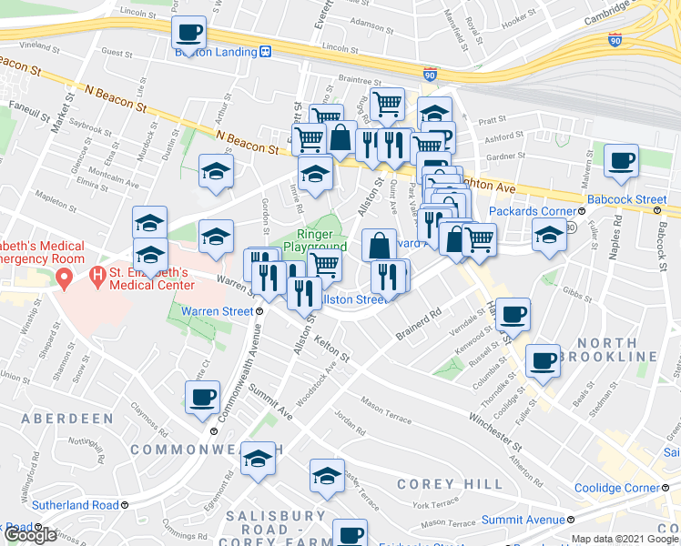 map of restaurants, bars, coffee shops, grocery stores, and more near 28 Long Avenue in Boston