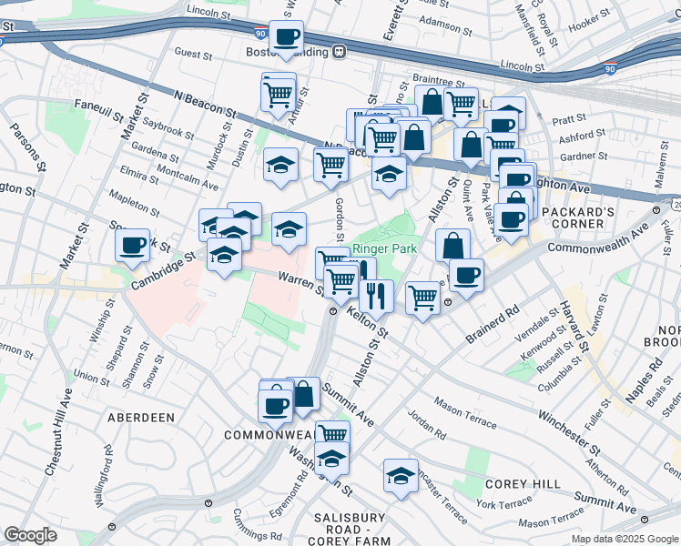 map of restaurants, bars, coffee shops, grocery stores, and more near 103 Gordon Street in Boston