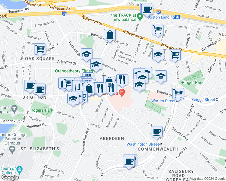 map of restaurants, bars, coffee shops, grocery stores, and more near 736 Cambridge Street in Boston
