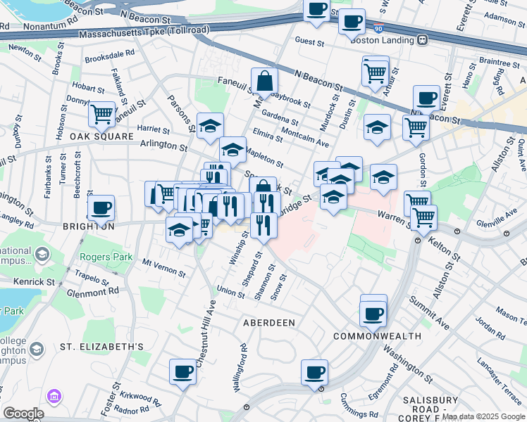 map of restaurants, bars, coffee shops, grocery stores, and more near 736 Cambridge Street in Boston