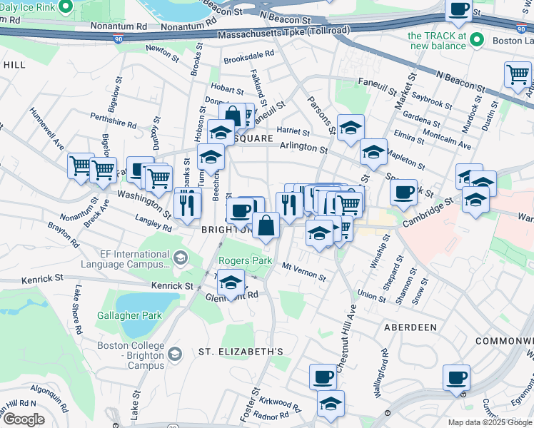 map of restaurants, bars, coffee shops, grocery stores, and more near 57 Malbert Road in Boston