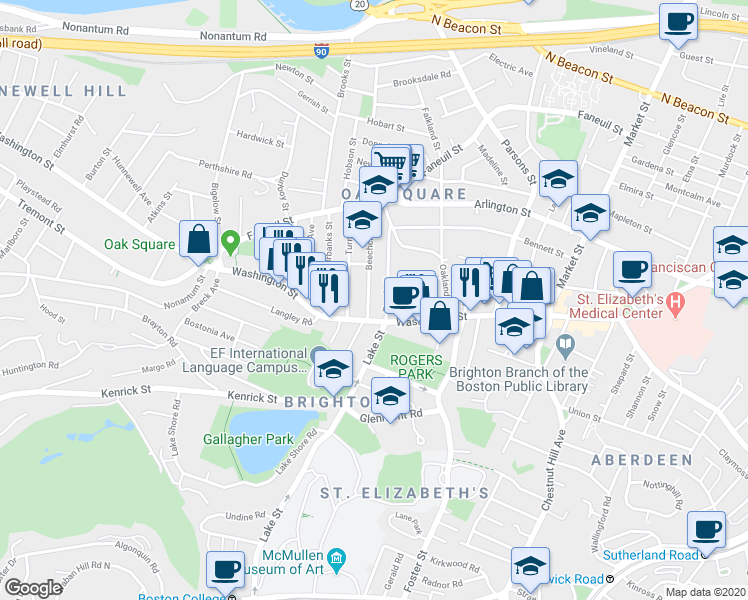 map of restaurants, bars, coffee shops, grocery stores, and more near 10 Beechcroft Street in Boston