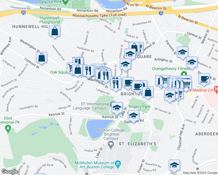 map of restaurants, bars, coffee shops, grocery stores, and more near 558 Washington Street in Boston