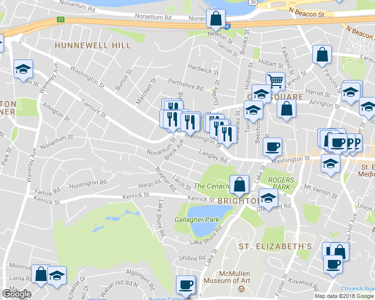 map of restaurants, bars, coffee shops, grocery stores, and more near 18 North Crescent Circuit in Boston