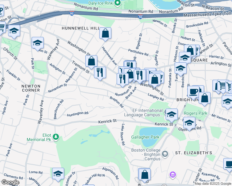 map of restaurants, bars, coffee shops, grocery stores, and more near 73 A Nonantum Street in Boston