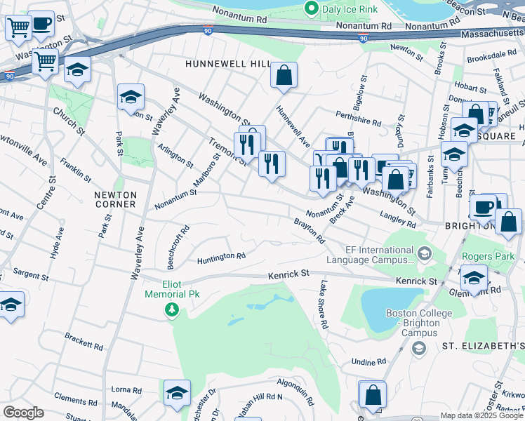 map of restaurants, bars, coffee shops, grocery stores, and more near 149 Brayton Road in Boston