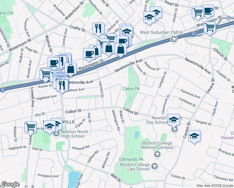 map of restaurants, bars, coffee shops, grocery stores, and more near 31 Bridges Avenue in Newton