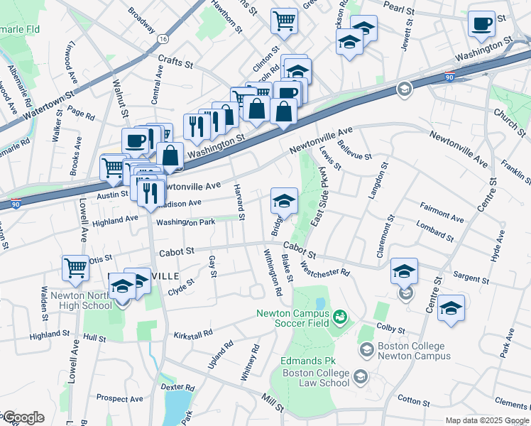 map of restaurants, bars, coffee shops, grocery stores, and more near 17 Clarendon Street in Newton