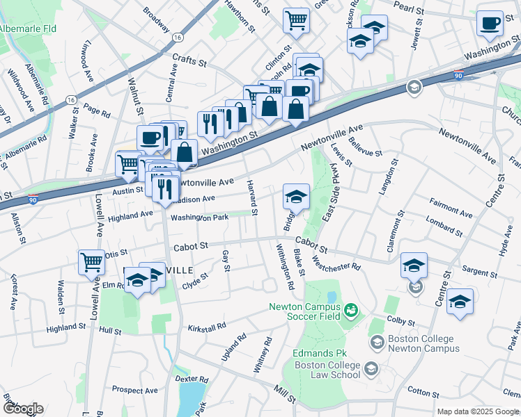 map of restaurants, bars, coffee shops, grocery stores, and more near 17 Clarendon Street in Newton