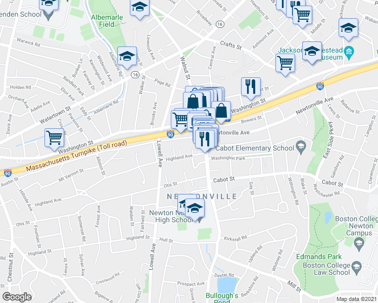 map of restaurants, bars, coffee shops, grocery stores, and more near 11 Highland Avenue in Newton