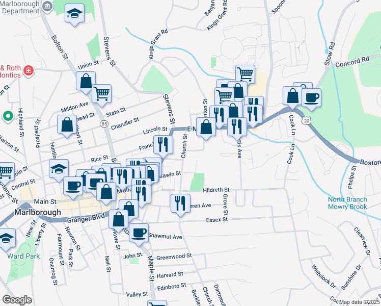 map of restaurants, bars, coffee shops, grocery stores, and more near 11 Vine Street in Marlborough
