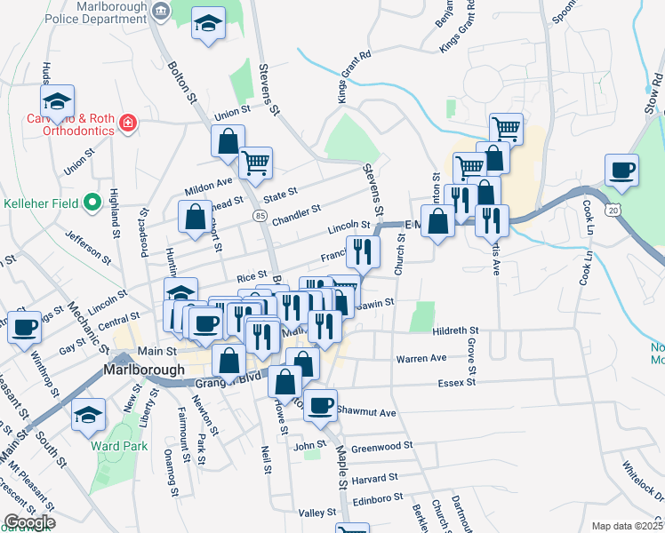 map of restaurants, bars, coffee shops, grocery stores, and more near 70 East Main Street in Marlborough