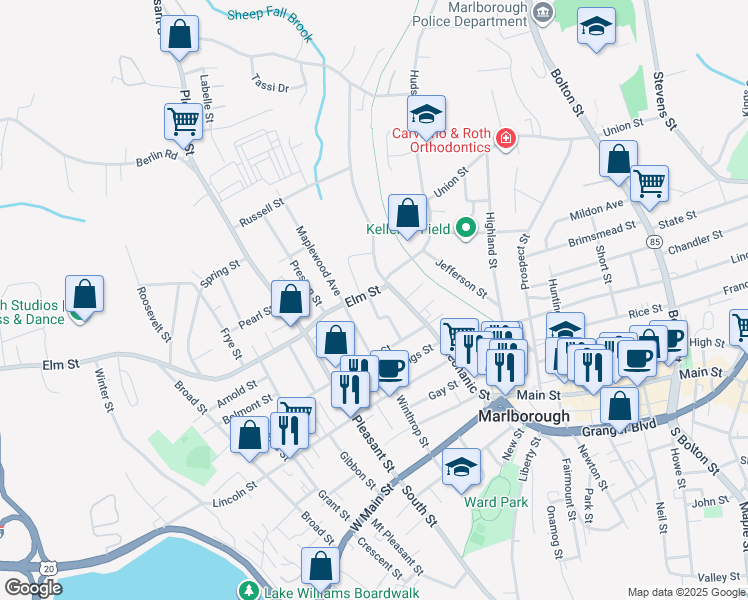 map of restaurants, bars, coffee shops, grocery stores, and more near 52 Norwood Street in Marlborough