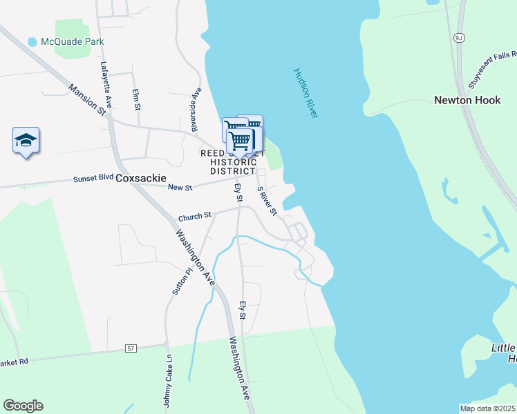 map of restaurants, bars, coffee shops, grocery stores, and more near 33 Church Street in Coxsackie