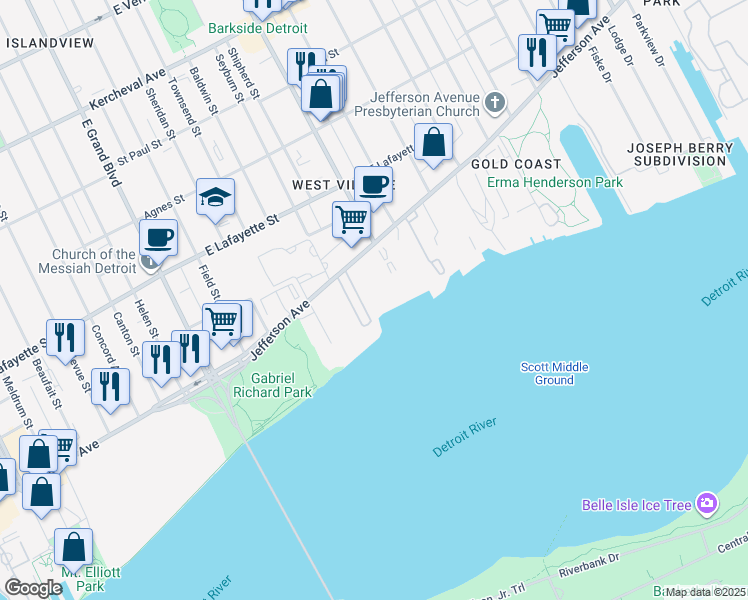map of restaurants, bars, coffee shops, grocery stores, and more near 7850 East Jefferson Avenue in Detroit
