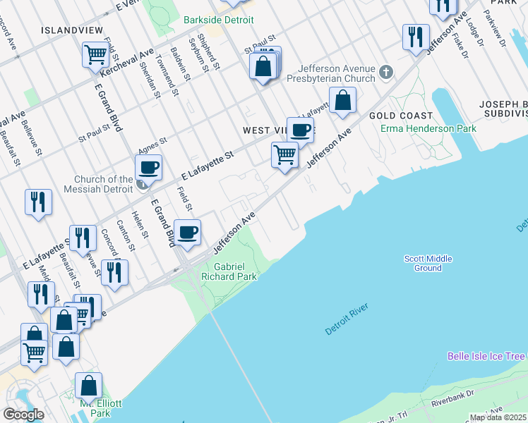 map of restaurants, bars, coffee shops, grocery stores, and more near 7700 East Jefferson Avenue in Detroit