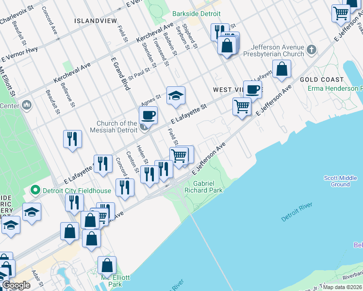 map of restaurants, bars, coffee shops, grocery stores, and more near 602 Field Street in Detroit