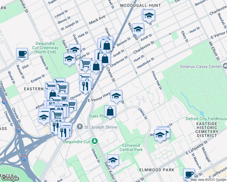 map of restaurants, bars, coffee shops, grocery stores, and more near 2445 East Vernor Highway in Detroit