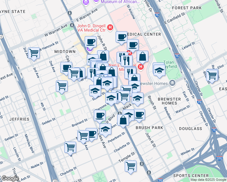map of restaurants, bars, coffee shops, grocery stores, and more near 3800 Woodward Avenue in Detroit