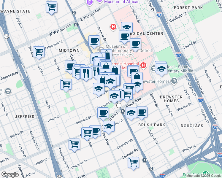 map of restaurants, bars, coffee shops, grocery stores, and more near 3771 Woodward Avenue in Detroit