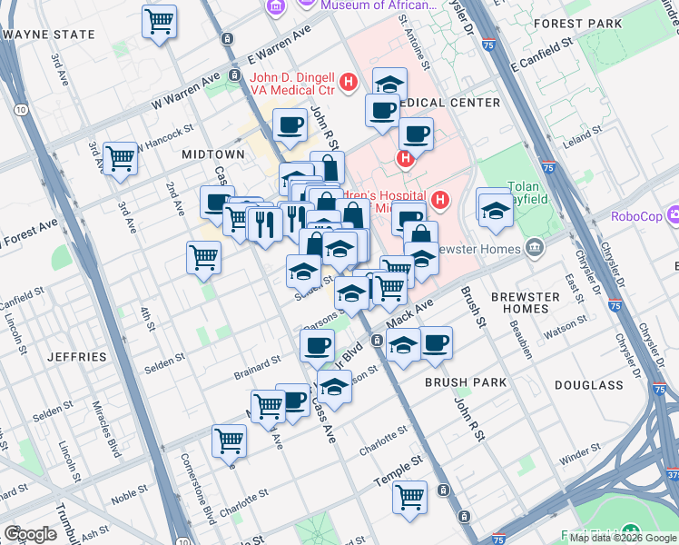 map of restaurants, bars, coffee shops, grocery stores, and more near 3771 Woodward Avenue in Detroit