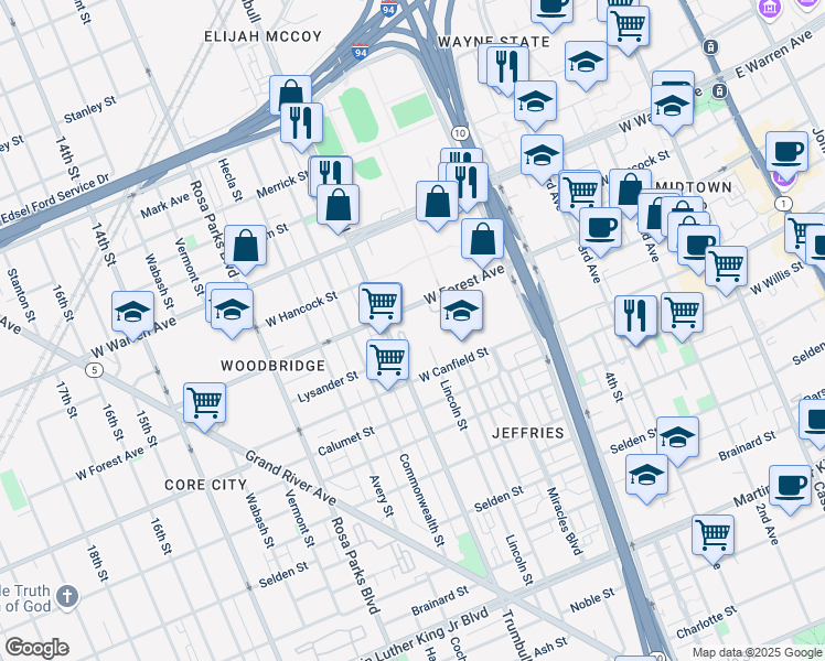 map of restaurants, bars, coffee shops, grocery stores, and more near 4500 Trumbull in Detroit