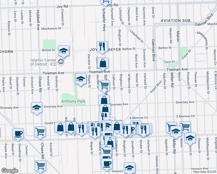 map of restaurants, bars, coffee shops, grocery stores, and more near 7800 Schaefer Road in Dearborn