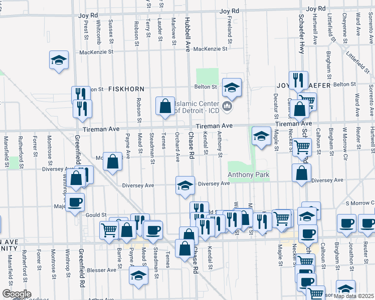 map of restaurants, bars, coffee shops, grocery stores, and more near 7811 Chase Road in Dearborn