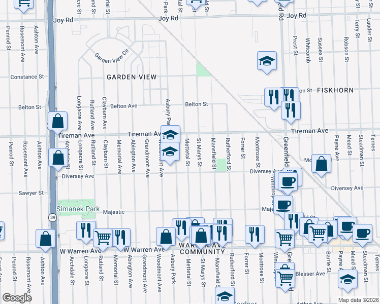 map of restaurants, bars, coffee shops, grocery stores, and more near 7777 Mettetal Street in Detroit