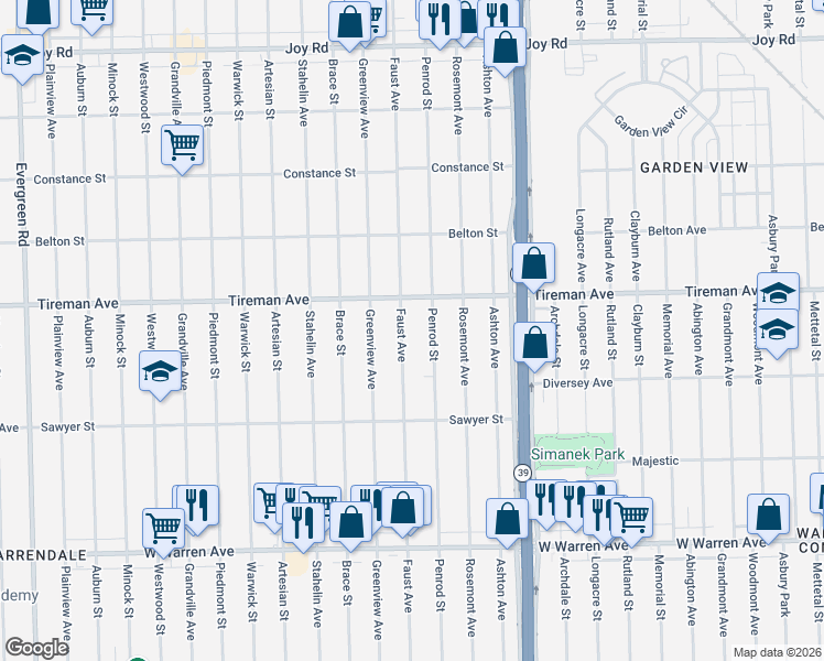 map of restaurants, bars, coffee shops, grocery stores, and more near 7781 Penrod Street in Detroit