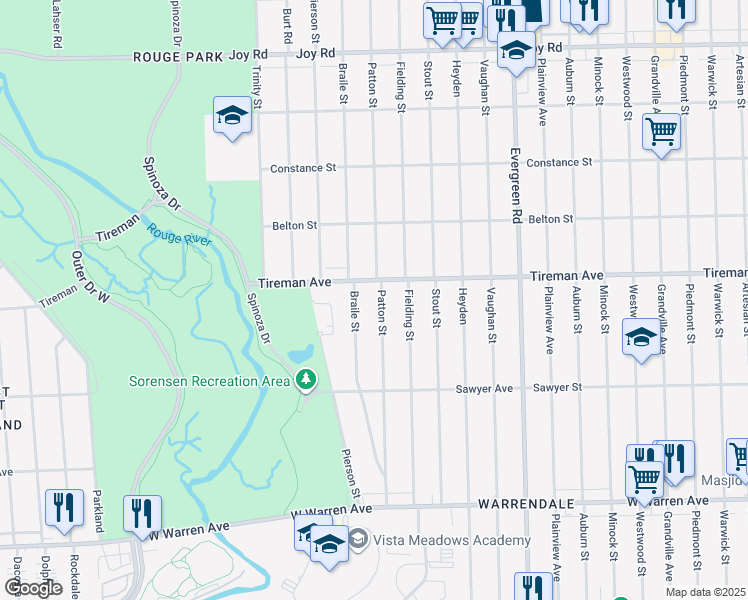 map of restaurants, bars, coffee shops, grocery stores, and more near 7794 Braile Street in Detroit