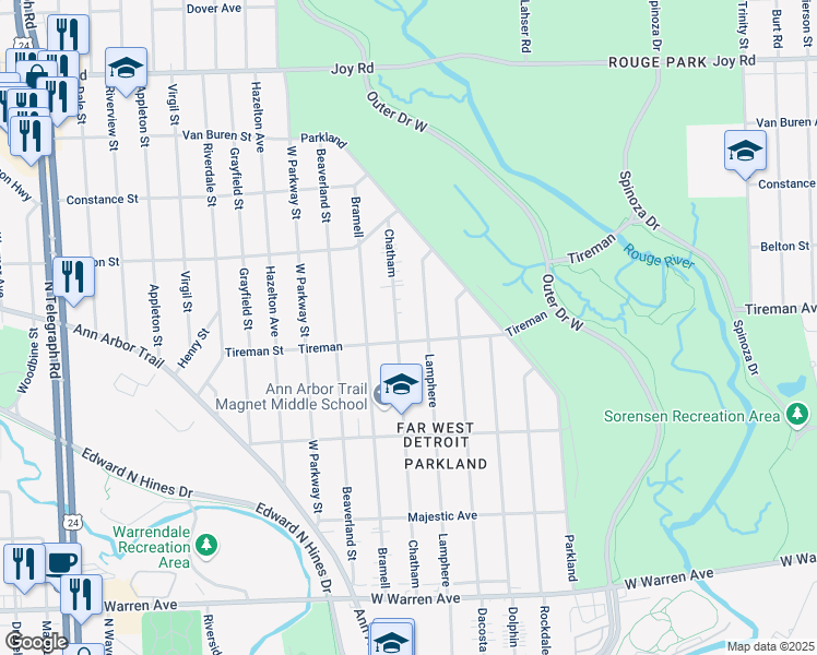 map of restaurants, bars, coffee shops, grocery stores, and more near 22446 Tireman in Detroit