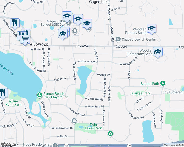 map of restaurants, bars, coffee shops, grocery stores, and more near 33491 North Mill Road in Grayslake