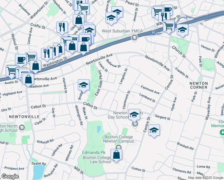 map of restaurants, bars, coffee shops, grocery stores, and more near 9 Winchester Road in Newton