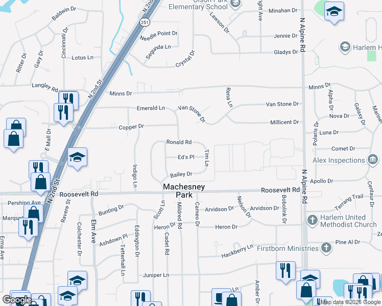 map of restaurants, bars, coffee shops, grocery stores, and more near 1260 Ed's Place in Machesney Park