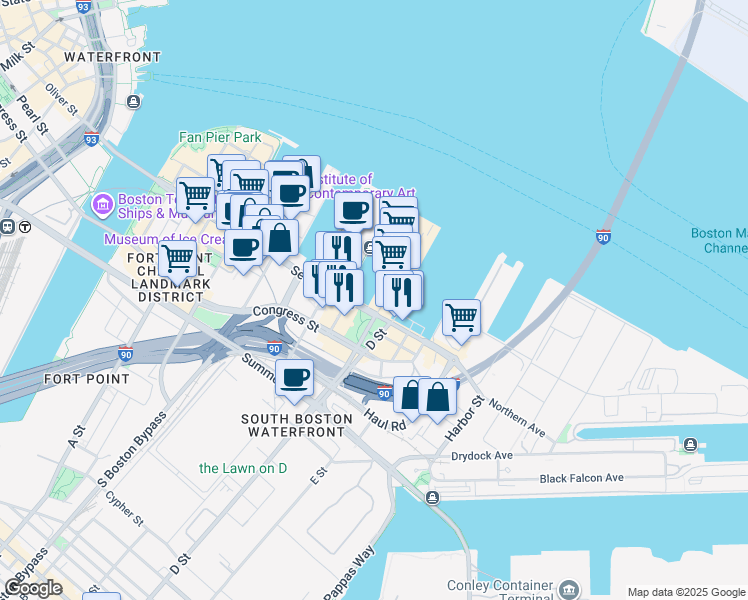 map of restaurants, bars, coffee shops, grocery stores, and more near 40 Fish Pier Street West in Boston