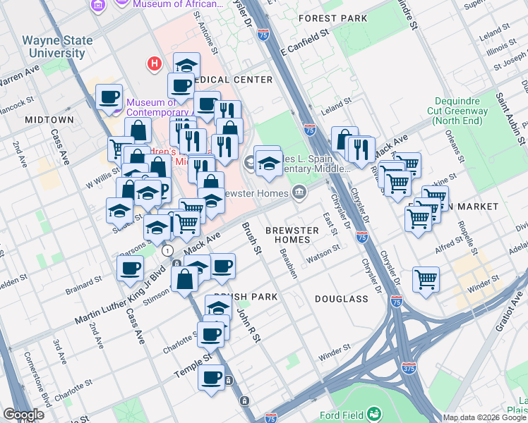 map of restaurants, bars, coffee shops, grocery stores, and more near in Detroit