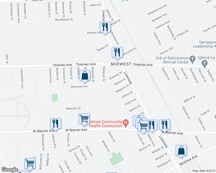 map of restaurants, bars, coffee shops, grocery stores, and more near 6476 Barton Street in Detroit