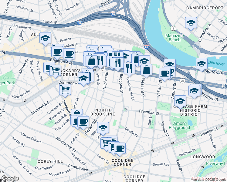 map of restaurants, bars, coffee shops, grocery stores, and more near 27 Osborne Road in Brookline