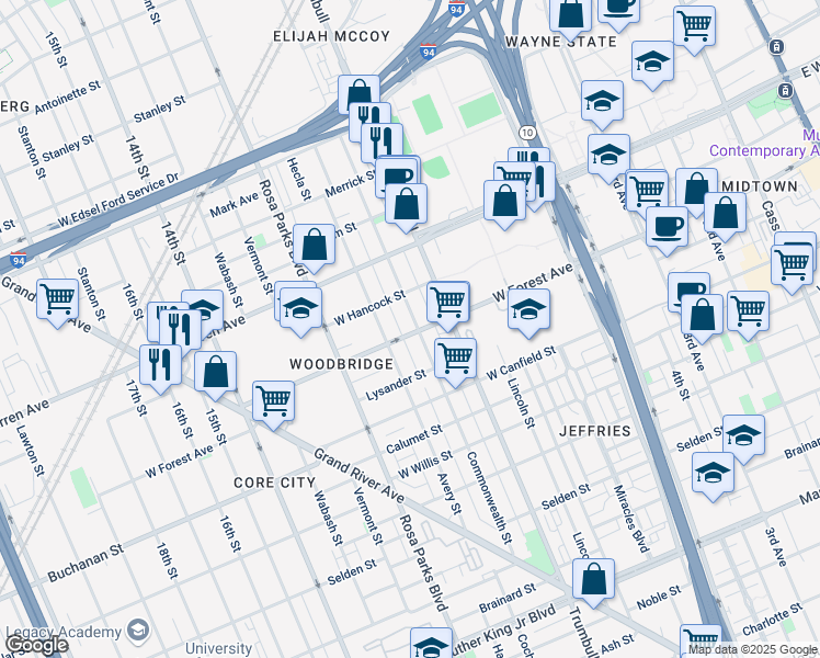 map of restaurants, bars, coffee shops, grocery stores, and more near 4707 Commonwealth Street in Detroit